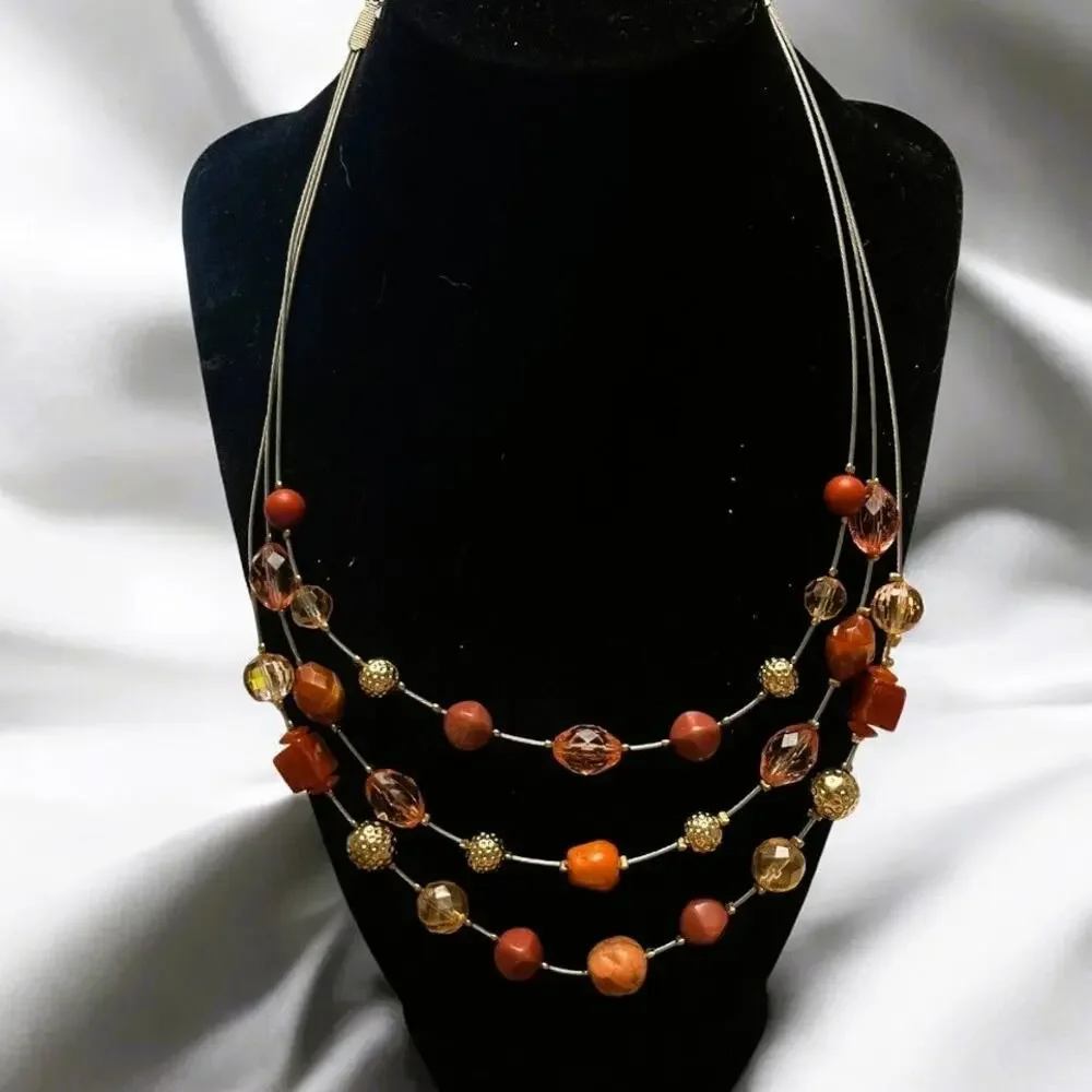 Vintage Multi-Strand Gold Wire Floating Orange, Amber Beaded Statement Necklace